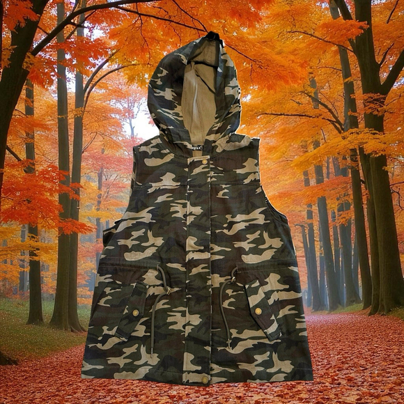 Allegra K Camo Vest Hooded Jacket Women's Medium Drawstring Waist Sleeveless - Picture 1 of 17
